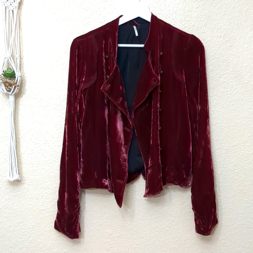 Free People Drippy Crushed Burnout Velvet Military Jacket Blazer Burgundy XS - Picture 7 of 16